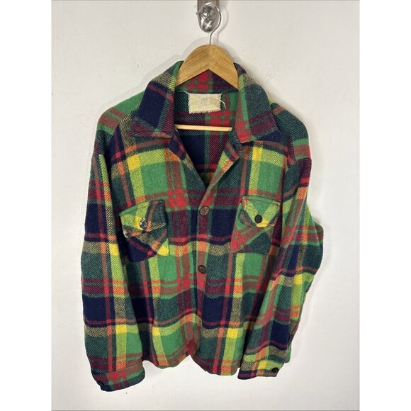 Vintage Wool Plaid Hunting Jacket Men’s Large Red Green 50s 60s Outdoors Shacket - Picture 1 of 6